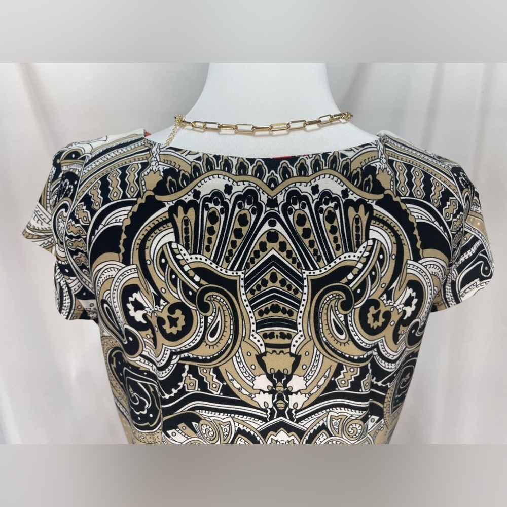Dress barn Black, Tan, white, red geometric paisley Patterned Dress size 10 - Picture 11 of 16